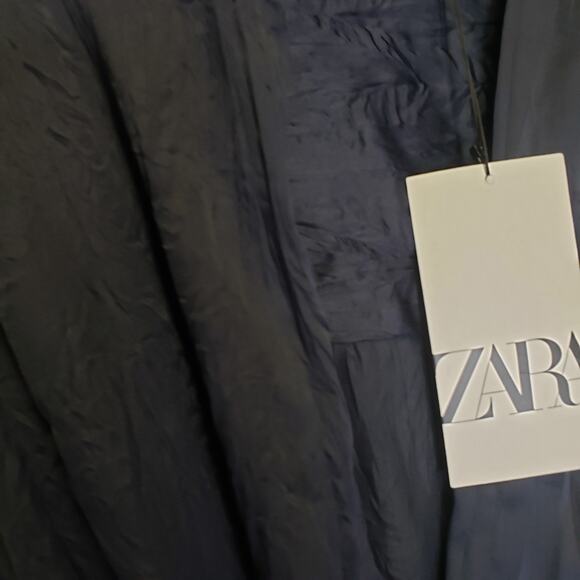 ZARA V-Neck Limited Edition Robe Dress Wrinkle Effect Silky Belt Navy - Picture 7 of 8